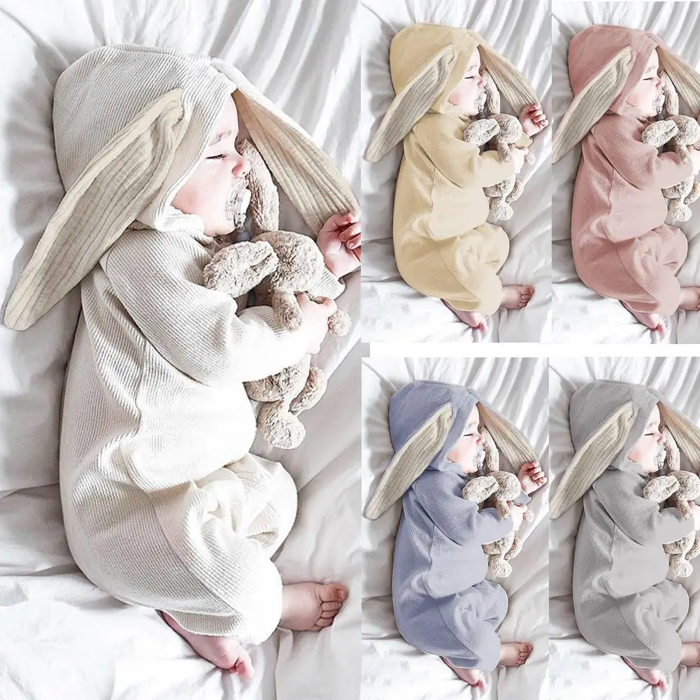 Kidlove/комплекты хлопковых комбинезонов с капюшоном для новорожденных; ромперы с ушками в виде кролика; комбинезоны; свободная однотонная теплая одежда с длинными рукавами для малышей; сезон осень; san0