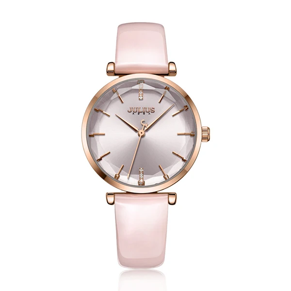 pink leather watch Julius бренд повседневное розовый кожаный часы женщина простой многогранный резка зеркало кварцевые платье наручные часы для девочек Montre Femme - Цвет: pink leather watch