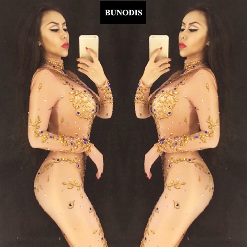 ZD058 Gold Queen Full Of 1600 PCS Sparkling Crystals Stones Jumpsuit Christmas Celebrate Nightclub Performance Stage Bodysuit