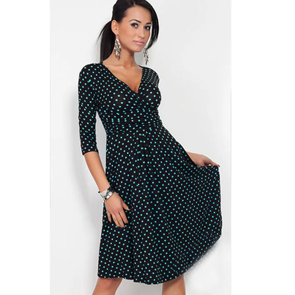 Женское платье в горошек с V образным вырезом|dress size|women dressdresses free shipping |