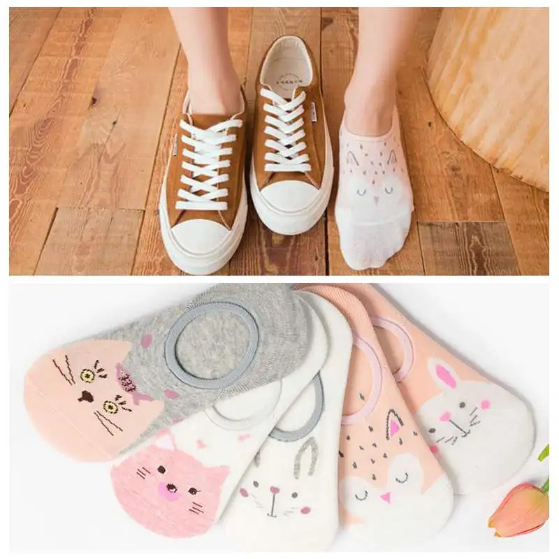 pink cat fox 5 пар/партия, милые женские Носки с рисунком, хлопковые носки с принтом кота, лисы, кролика, животных, летние забавные женские короткие носки - Цвет: pink cat fox