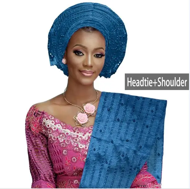 Turquoise Различные цвета Африканский Авто геле головной убор для женщин aso oke головные уборы бисером африканский геле с плечом хорошее качество - Цвет: Turquoise
