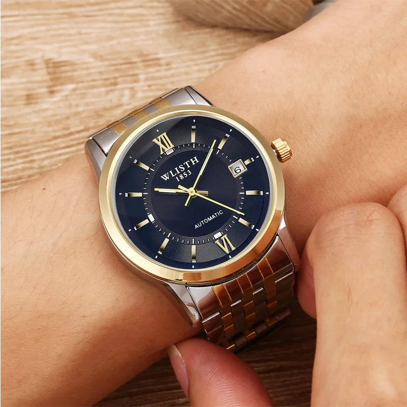 Steel strip gold Новые полностью автоматические механические водонепроницаемые наручные часы для деловых людей, двухсторонние наручные часы 1002 - Цвет: Steel strip gold