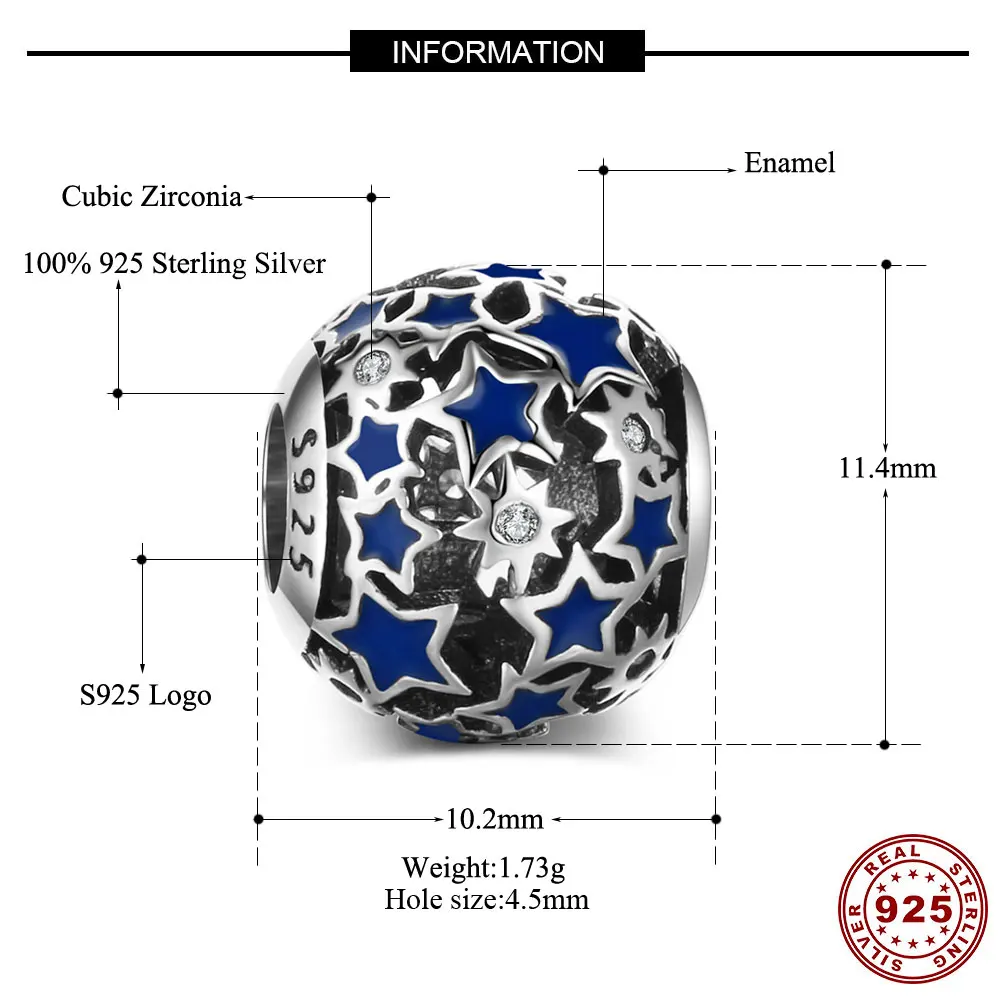 Get 5pcs Wholesale Certified 925 Sterling Silver Large Hole Enamel Beads Blue Starry Sky CZ Charm Fits Original Bracelet | Украшения и