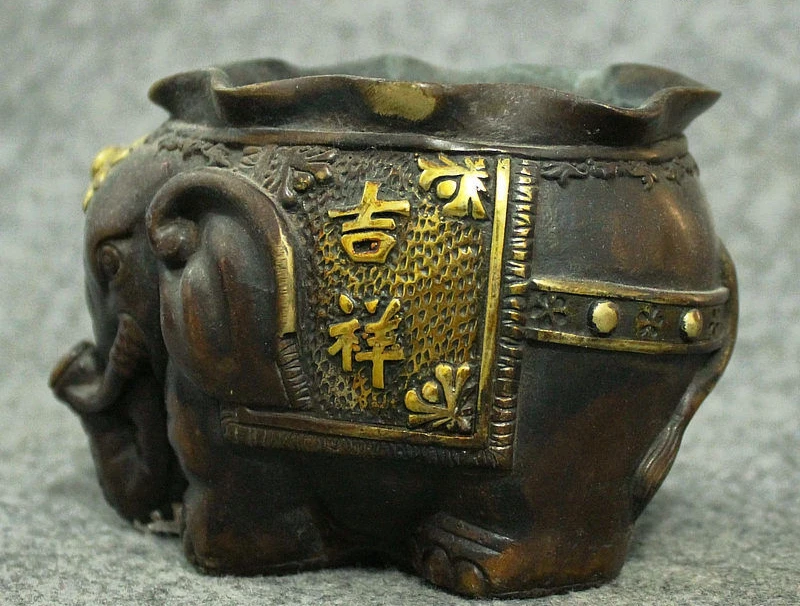 Китайская Бронзовая позолота JiXiang статуя слона ручка контейнер кисть горшок