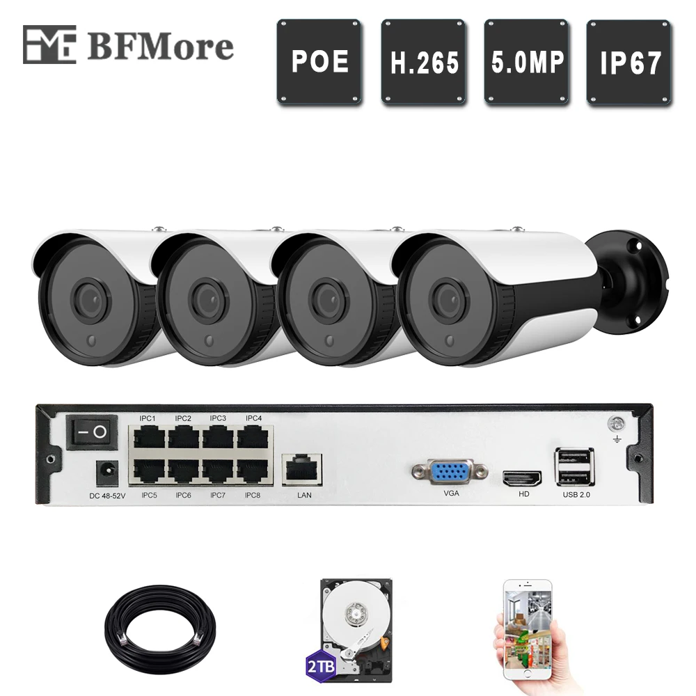 BFMore 4ch 5.0MP 4.0MP POE Комплект H.265 + Системы CCTV 8ch NVR IP Камера Открытый ИК Ночное видение