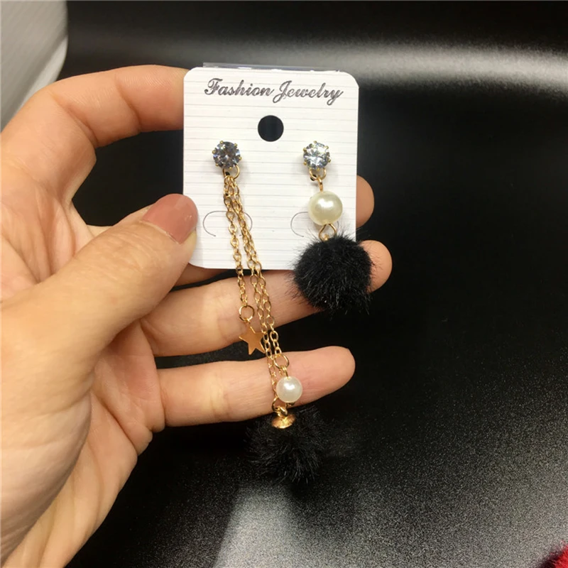 Женские асимметричные серьги с помпоном элегантные висячие длинными кисточками