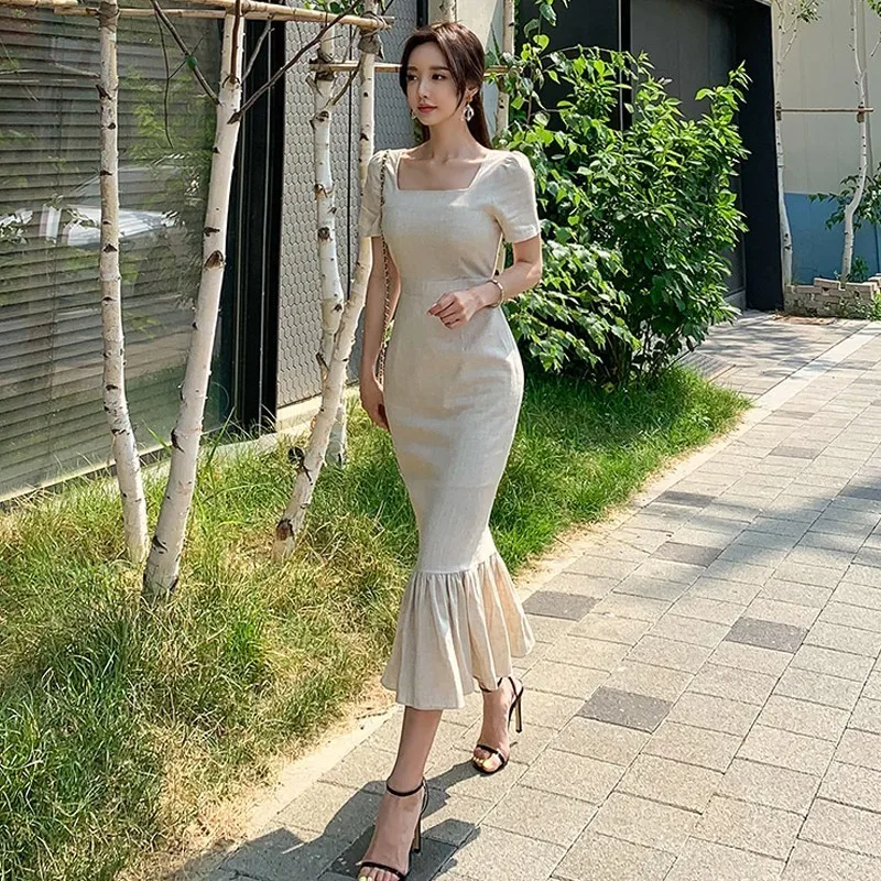 Женское винтажное платье из хлопка и льна с квадратным вырезом коротким