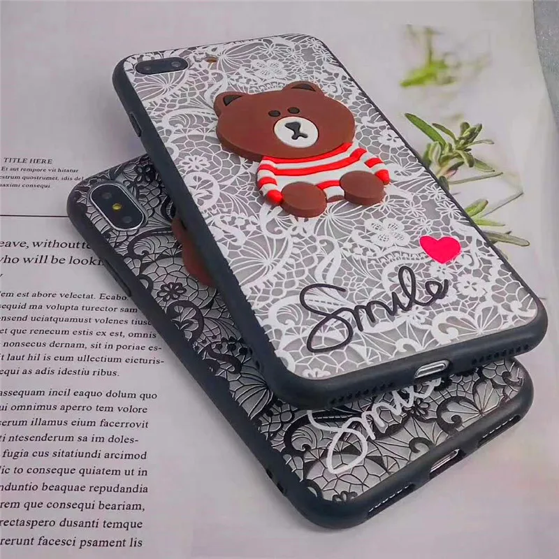 Luxury Back Cover For iPhone XR XS MAX 8 7 6s Plus Capa Coque Fundas Lace Flowers Pattern Smile Bear Brown Cartoon Phone Cases |