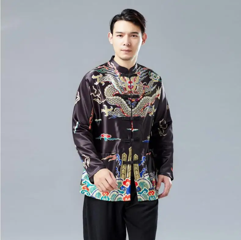 Long Sleeve Traditional Chinese Clothes Tang Suit Top Spring Summer Men Silk Embroidery Dragon Jacket Coat for Overseas | Тематическая