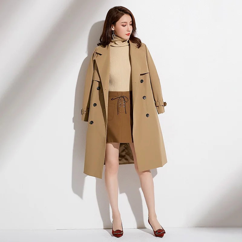 

C001 camel woven fashion triple breasted adjustable waistband women coat