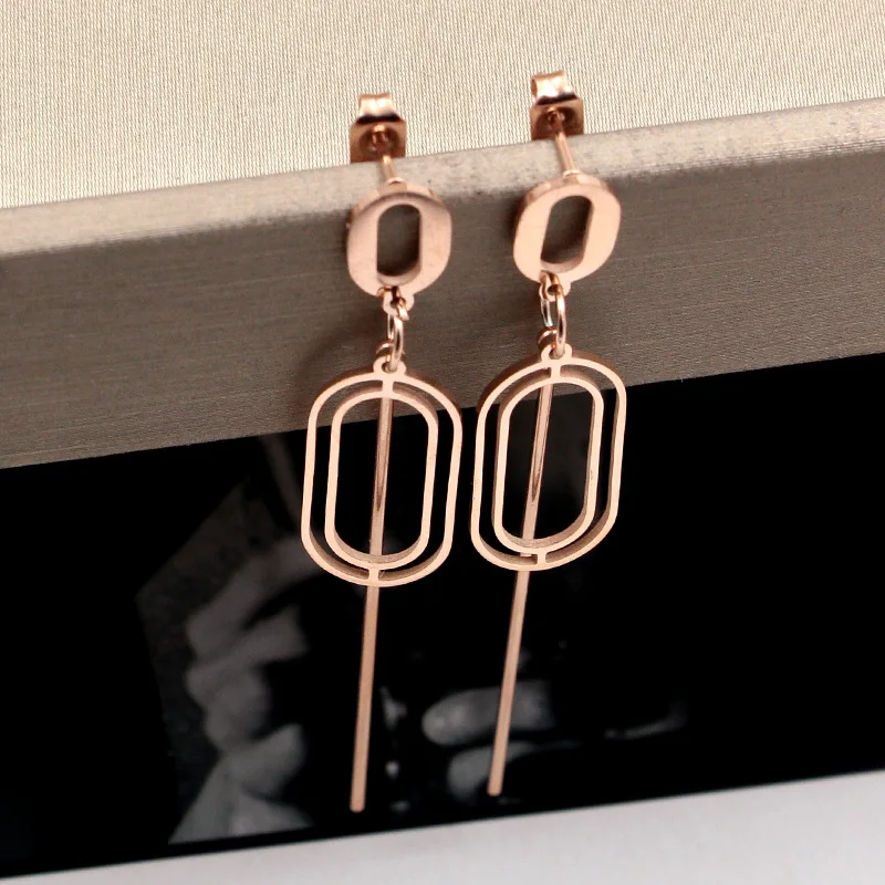 Fashion Stainless Steel Hollow Love Oval Long Pole Drop Earrings Rose Gold Color Women Female Party Wedding Gift | Украшения и
