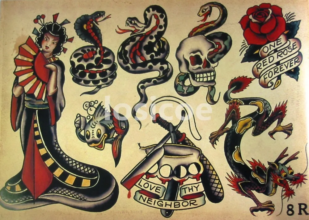 Винтажные татуировки с рисунком постеры крафт бумага картина интерьера