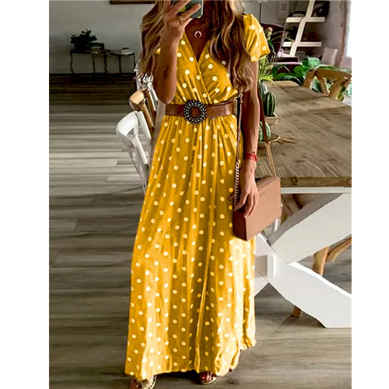 Summer Poka Dot Boho Loose Maxi Dress Robe Short Sleeve Women Party Beach Casual Sundress Vestidos Plus Size S-2xl | Женская одежда