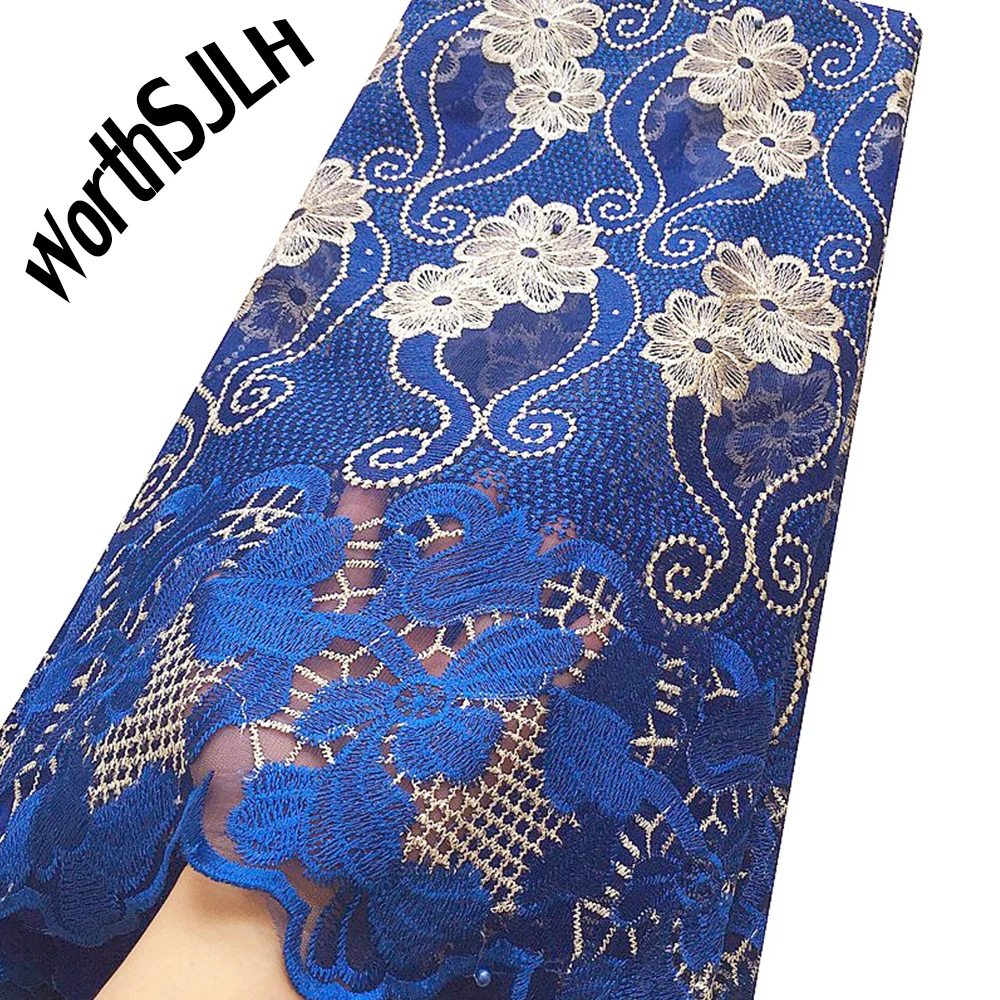 

2019 African Lace Fabric Royal Blue Guipure Tulle Lace Fabric Latest Beaded French Net Lace Material For Nigeria Wedding