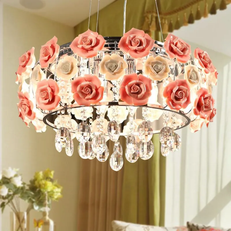 

Modern Led Crystal Chandelier Lighting Ceramics Rose Flower Style Chandeliers Ceiling For Living Room Bedroom With E14 Led Bulbs