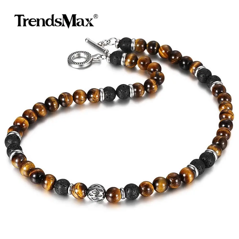 

8mm Men's Unique Natural Tiger Eyes Stone Lava Bead Necklace Stainless Steel Beaded Charm Link Chain Male Jewelry Gift TNB002