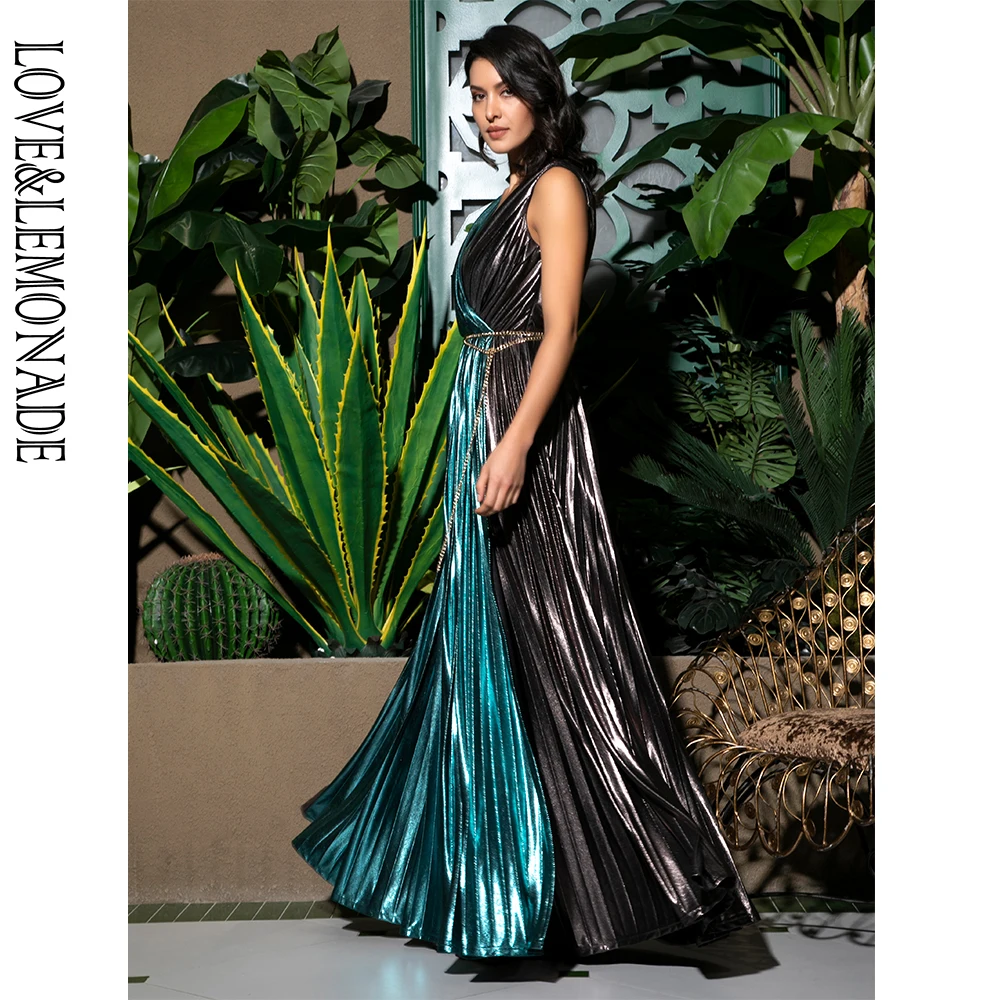 Женское вечернее платье трапеция LOVE & LEMONADE серебристо зеленое Плиссированное