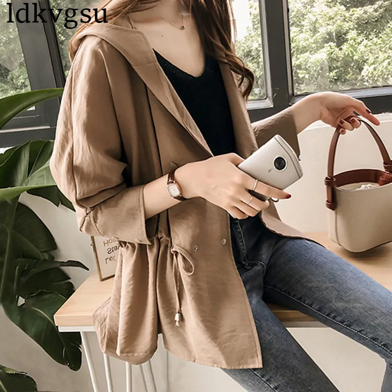 

Spring Autumn BF Plus Size Hooded Coat Women's 2020 New Casual Double-breasted Windbreaker Jackets For Girls V431