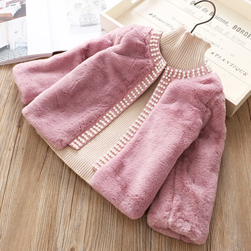 pink Коллекция года, новая зимняя теплая одежда для девочек, шерстяное пальто меховая верхняя одежда для маленьких девочек с жемчугом, флисовая детская одежда с искусственным мехом - Цвет: pink