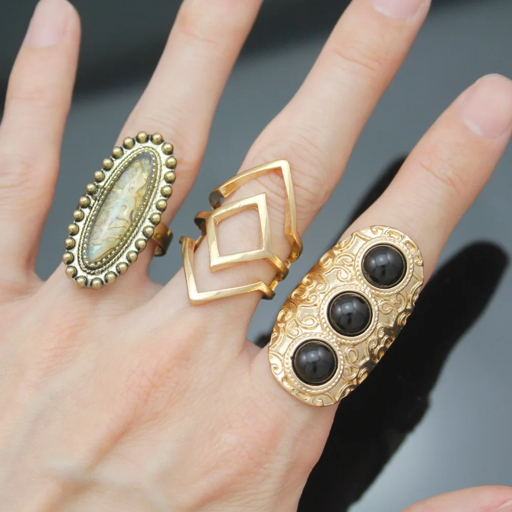 Набор из 3 золотых колец с этническим ацтекским змеиным глазом черный камень
