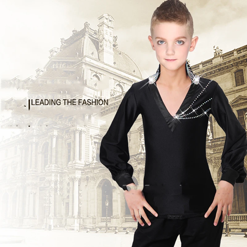 

Standard New Boys Latin Ballroom Dance Tops Cheap V Collar Children Long Sleeves Training Or Performance Dancing Wear DWY1132