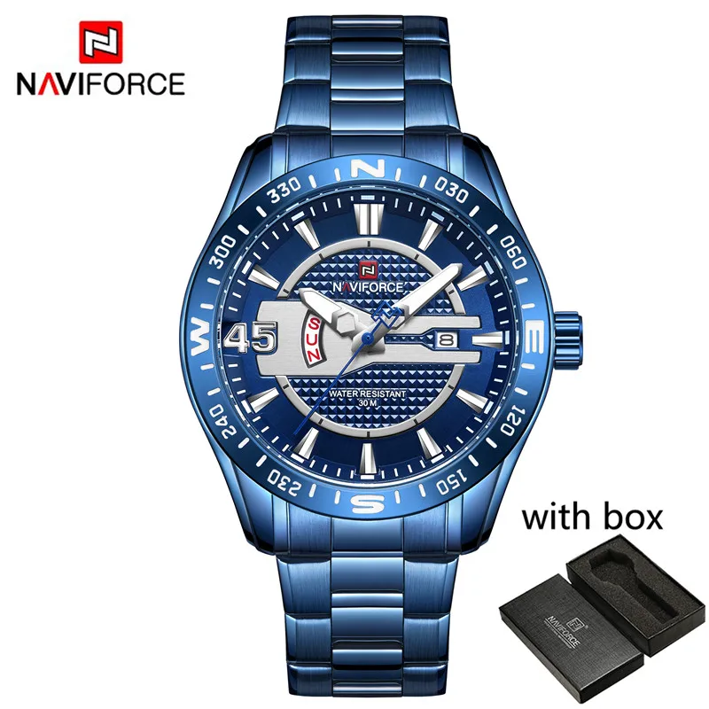 NA915701 with box Мужские часы NAVIFORCE, спортивные водонепроницаемые наручные часы, военные армейские деловые кварцевые мужские часы из нержавеющей стали 9157 - Цвет: NA915701 with box