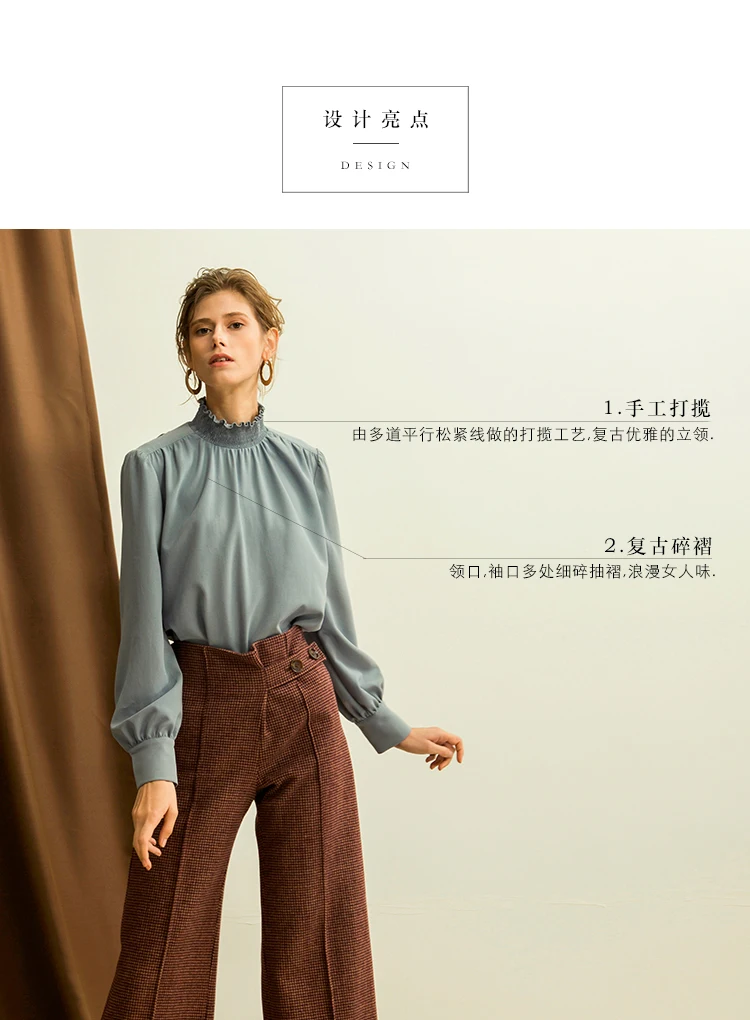2018 new arrival spring and summer euramerican vintage blue ruffled full sleeve women shirt high quality |