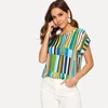 SHEIN разноцветная полосатая футболка с принтом, Повседневная Свободная футболка с круглым вырезом и цветными блоками, женские летние топы с коротким рукавом