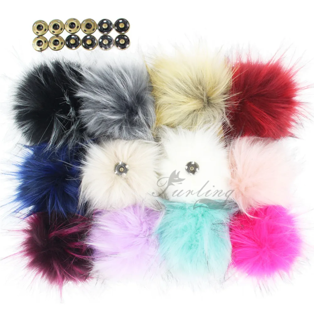 12PCS Faux Raccoon Fur 11CM Fluffy Pompoms Ball with Press Button for Hat Beanie Accessories Women Keychain Hand Bag Charms