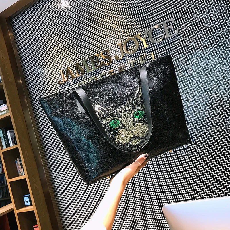 SINTIR милый кот Вышивка пайетками Женские сумки на ремне большая емкость PU кожаные