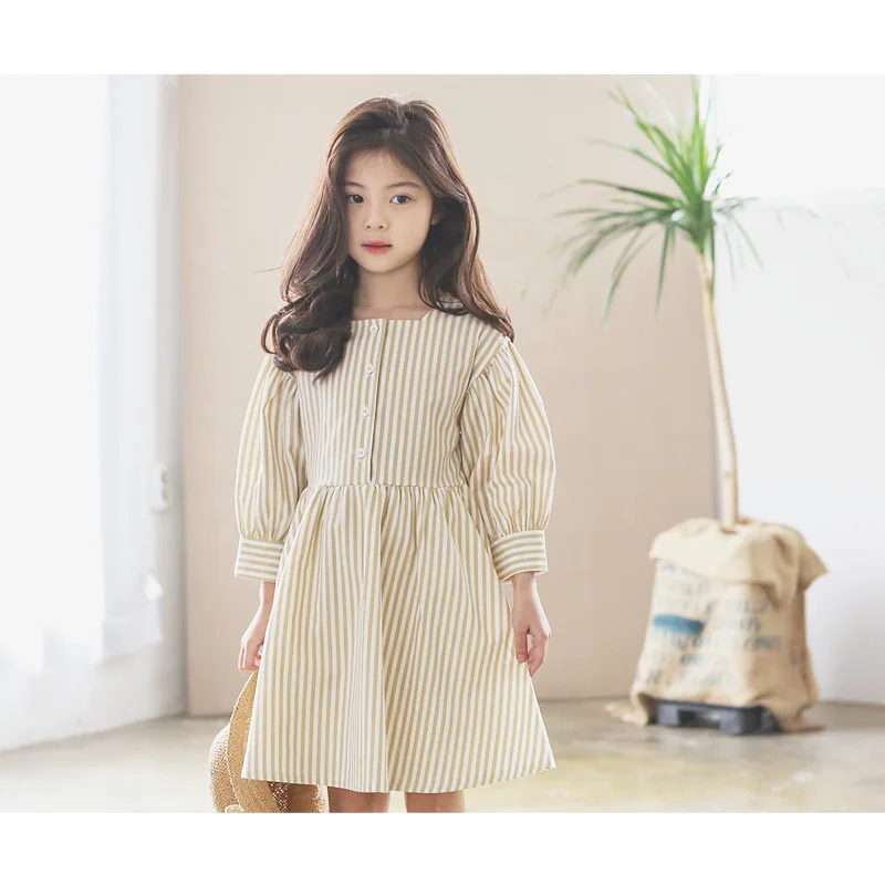 2018 Korean Girls Dress Spring Autumn Seven-point Sleeves Striped Bow Retro Square Collar Children Cotton Dresses for Teenagers | Детская