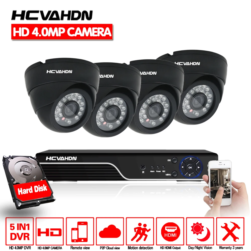 

HCVAHDN Security Camera System 4CH 4.0MP Surveillance Kit 4MP AHD DVR NVR NVR Black Dome Indoor Night Vision Camera P2P VIEW