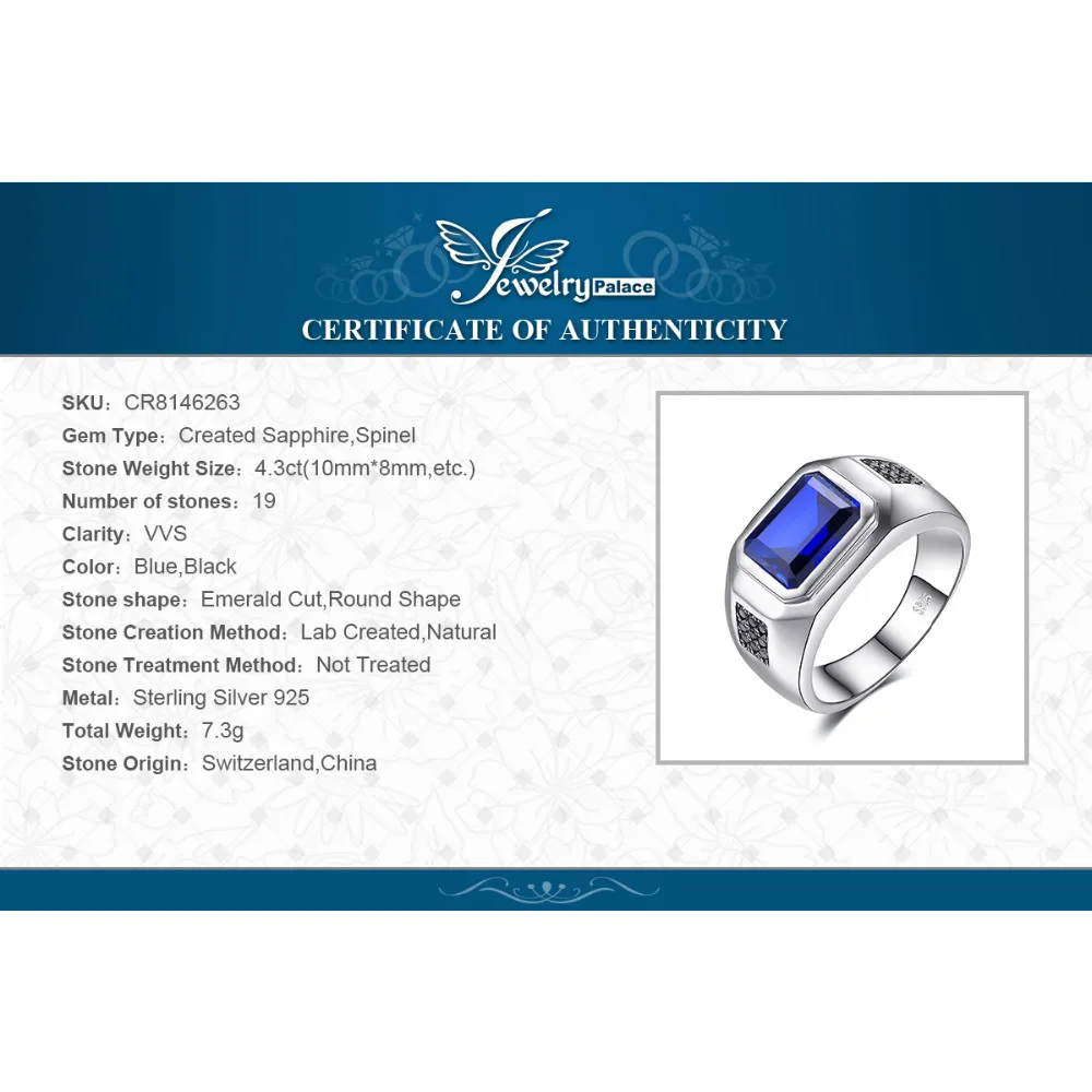 

JewPalace 4.3ct Black Spinel Created Sapphire Ring 925 Sterling Silver Rings for Men Wedding Rings Silver 925 Gemstones Jewelry