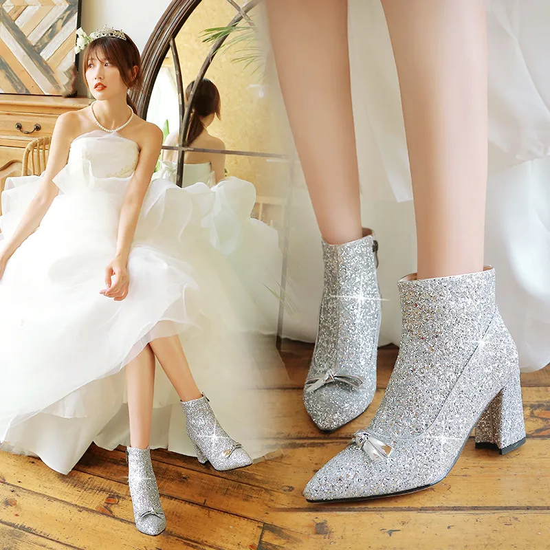 Женские свадебные ботинки YMECHIC серебристые красные блестящие на высоком каблуке