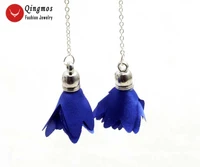 qingmos blue silk flower tassel earrings for women with 2030mm silk flower dangle 3 5 earring jewelry ear599 free shipping