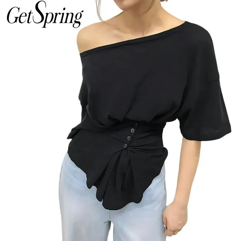 Женская Асимметричная футболка GETSPRING черная белая розовая зеленая хлопковая с