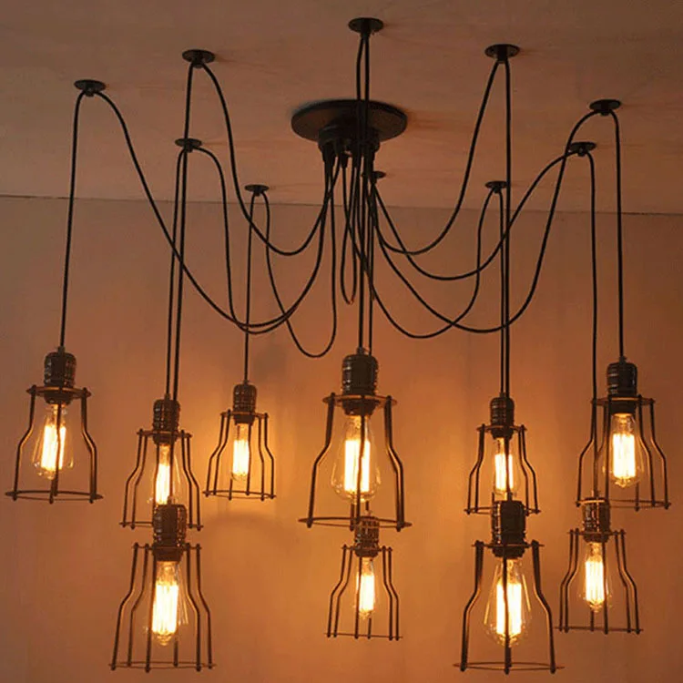 

Industrial hanging pendant lights vintage spider suspended light fixtures iron cage lampshade for home office bar loft