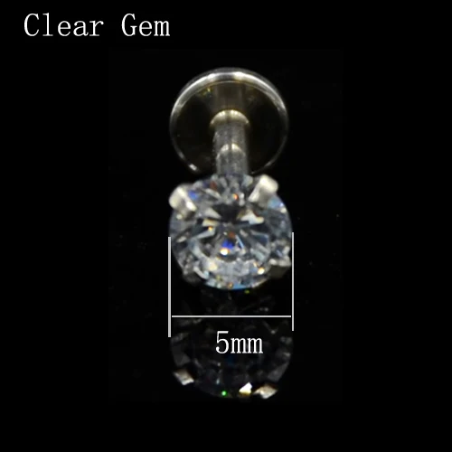 5mm Clear Gem 1 шт. зубец установка циркон опал Спиральные серьги ушной хрящ серьги гвоздики внутренняя нить Лабрет Монро губы пирсинг ювелирные изделия - Окраска металла: 5mm Clear Gem