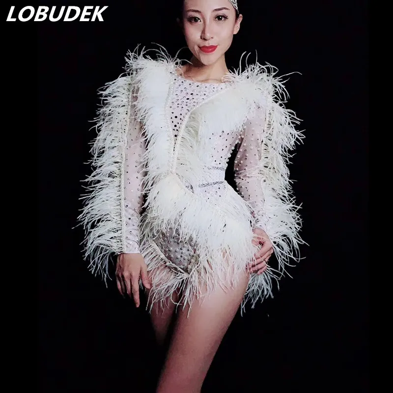 White Feathers Sleeve Crystals Pearls Bodysuit Women Singer Costume Nightclub Bar Party Show Bodysuits Models Catwalk Stage Wear