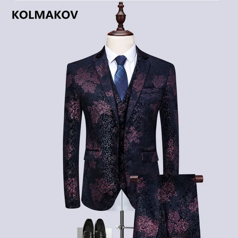 

Мужской классический костюм-тройка, пиджак, жилет, брюки с принтом, 2019