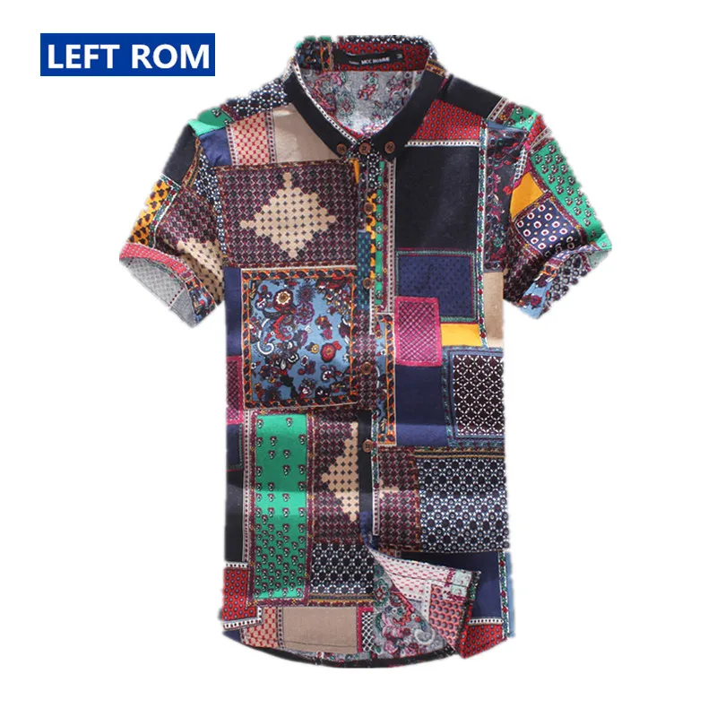 Left rom, лето, бутик, Лен-хлопок, модный принт, мужские тонкие рубашки с коротким рукавом, мужские повседневные рубашки, этнический стиль