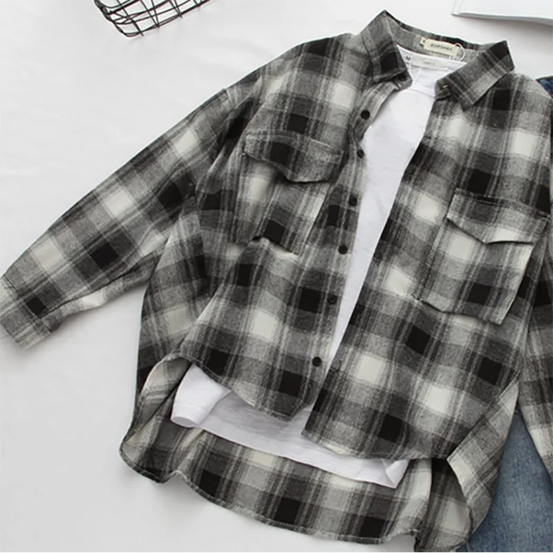 

Ladies Loose Long-sleeved Shirt Outwear Turndown Collar Grid Shirt Fashion Women's Spring Autumn Clothing
