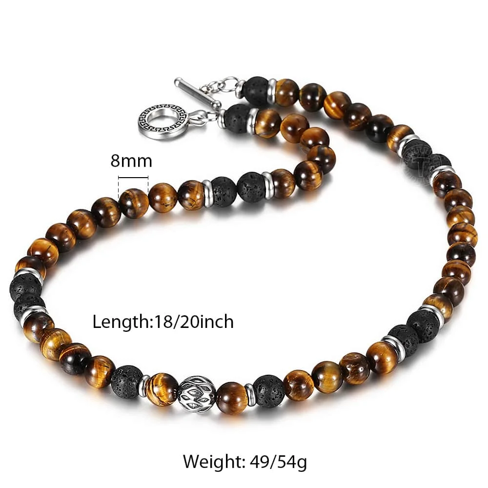 8mm Men's Unique Natural Tiger Eyes Stone Lava Bead Necklace Stainless Steel Bead Charm Link Chain Male Jewelry Gift TNB002 - Окраска металла: TNB00201