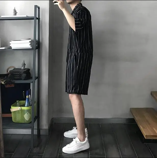 

Summer fashion men's vintage striped short-sleeved jumpsuit shorts