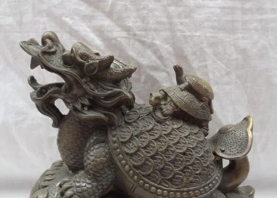YM 316 8&quot Chinese Bronze Animals FengShui Dragon Turtle Statue On YuanBao Coin RuYi | Дом и сад