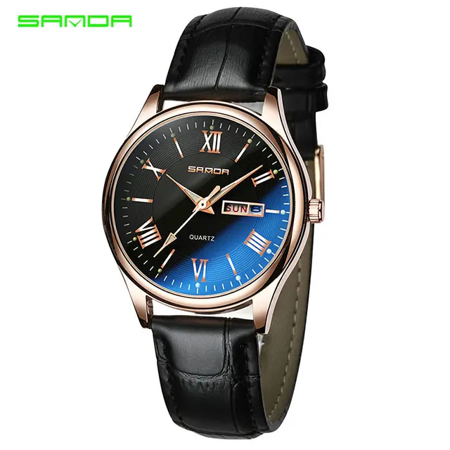 blk blk rose gold SANDA светящиеся кварцевые часы мужские часы деловые черные кожаные Наручные часы Роскошные мужские часы Geneva Relogio Masculino - Цвет: blk blk rose gold