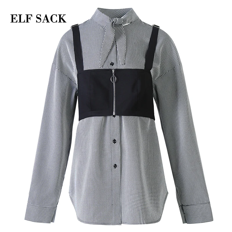 ELFSACK/Новинка женские рубашки повседневные с длинным рукавом в клетку отложным
