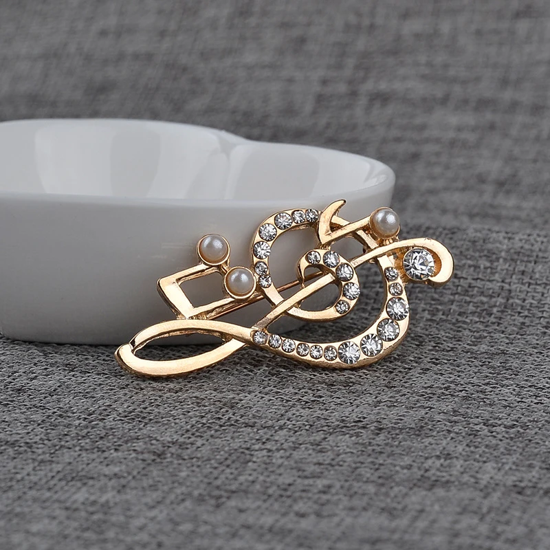 Модные женские Броши со стразами для музыкальных нот золотые серебряные