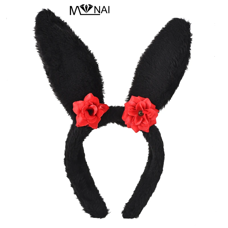 

Lolita Halloween Party Hair Band Plush Rabbit Ears Red Flower Crystal Headband Cosplay